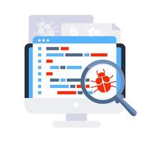 Computer bug detection. Bug error notification. System error warning. Testing software. Magnifier searching malware vector