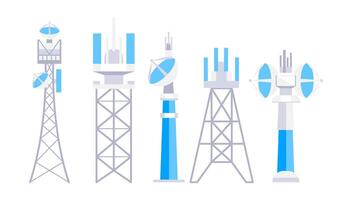 Radio, Mobile tower and antennas. Internet network. Communication towers set. Satellite antenna vector