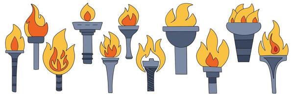 Collection of torches with flame colored outline hand drawn art vector