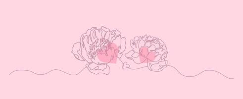 peonía continuo línea Arte con corazón en rosado pastel fondo, minimalista botánico floral mano dibujado, boda, invitación amor elemento ilustración vector