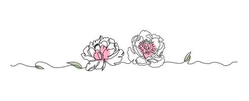 Peony flowers line art isolated on white, flower with heart continuous line hand drawn illustration vector