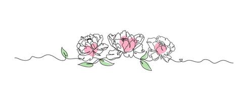 Peony flowers line art isolated on white, flower with heart continuous line hand drawn illustration vector