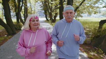 Athletic fitness senior elderly sport runner man woman relaxing after hard difficult race in park video