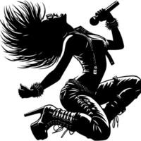 negro y blanco ilustración de un punk mujer es bailando y sacudida en un exitoso actitud vector