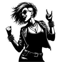 negro y blanco ilustración de un punk mujer es bailando y sacudida en un exitoso actitud vector