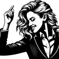 Black and White Illustration of a Woman in Business Suit is dancing and shaking in a Successful Pose vector