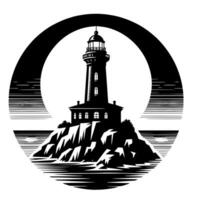 Black and White Illustration of a traditional old Lighthouse on the rocks vector