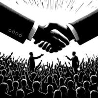 Black and white Illustration of a Handshake bewtween two Business Men in Suits vector