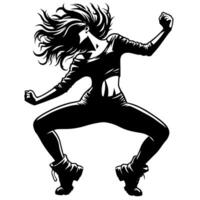 negro y blanco ilustración de un punk mujer es bailando y sacudida en un exitoso actitud vector