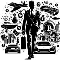 negro y blanco ilustración de un exitoso negocio hombre con dinero carros muchachas y lujo vector