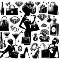 Black and white Illustration of a lucky luxurious Shopping Lady with Bags and Diamonds and Parfum vector