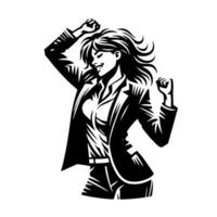 Black and White Illustration of a Woman in Business Suit is dancing and shaking in a Successful Pose vector