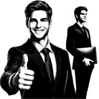 Black and White Illustration of a Man in Business Suit is showing the Thumbs up Sign vector