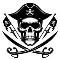 negro y blanco ilustración de pirata símbolo con espadas y sombrero vector