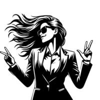 Black and White Illustration of a Woman in Business Suit is dancing and shaking in a Successful Pose vector