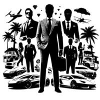 negro y blanco ilustración de un exitoso negocio hombre con dinero carros muchachas y lujo vector