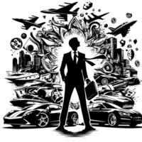 negro y blanco ilustración de un exitoso negocio hombre con dinero carros muchachas y lujo vector