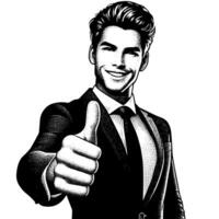 Black and White Illustration of a Man in Business Suit is showing the Thumbs up Sign vector