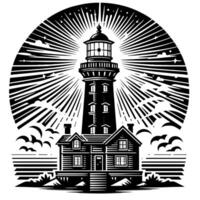 Black and White Illustration of a traditional old Lighthouse on the rocks vector