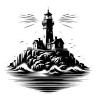 negro y blanco ilustración de un tradicional antiguo faro en el rocas vector