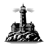 Black and White Illustration of a traditional old Lighthouse on the rocks vector