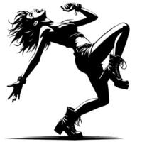 negro y blanco ilustración de un punk mujer es bailando y sacudida en un exitoso actitud vector