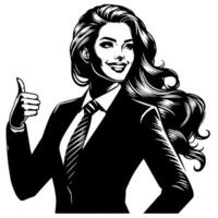 Black and White Illustration of a Woman in Business Suit is showing the Thumbs up Sign vector