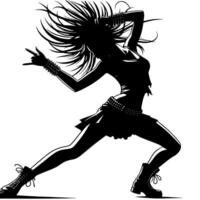 negro y blanco ilustración de un punk mujer es bailando y sacudida en un exitoso actitud vector