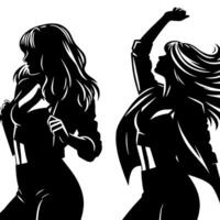 negro y blanco ilustración de un mujer en negocio traje es bailando y sacudida en un exitoso actitud vector