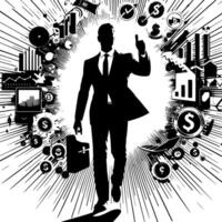 Black and white Illustration of a successful Business Man with Money Cars and Luxus vector