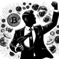 Black and white Illustration of a successful Business Man with Bitcoins Money Cars and Luxus vector