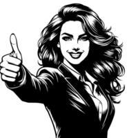 Black and White Illustration of a Woman in Business Suit is showing the Thumbs up Sign vector