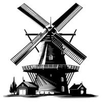 negro y blanco ilustración de un tradicional antiguo molino en Holanda vector