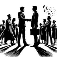 Black and white Illustration of a Handshake bewtween two Business Men in Suits vector