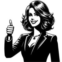 Black and White Illustration of a Woman in Business Suit is showing the Thumbs up Sign vector