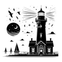 Black and White Illustration of a traditional old Lighthouse on the rocks vector