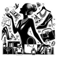 Black and white Illustration of a lucky luxurious Shopping Lady with Bags and Diamonds and Parfum vector