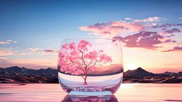 AI generated Abstract of Pink Tree in Transparent Water Glass. Nature Illusion. video