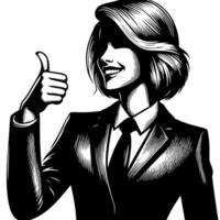 Black and White Illustration of a Woman in Business Suit is showing the Thumbs up Sign vector