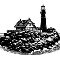 Black and White Illustration of a traditional old Lighthouse on the rocks vector