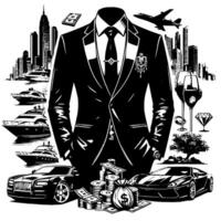 negro y blanco ilustración de un exitoso negocio hombre con dinero carros muchachas y lujo vector