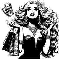 Black and white Illustration of a lucky luxurious Shopping Lady with Bags and Diamonds and Parfum vector