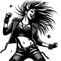 negro y blanco ilustración de un punk mujer es bailando y sacudida en un exitoso actitud vector