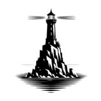 Black and White Illustration of a traditional old Lighthouse on the rocks vector