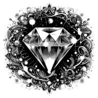 Black and white silhouette of a perfectly cut sparkling solitaire diamond gemstone vector