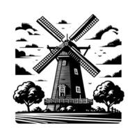 Black and White Illustration of a traditional old Windmill in Holland vector