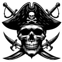 negro y blanco ilustración de pirata símbolo con espadas y sombrero vector