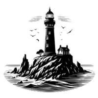 Black and White Illustration of a traditional old Lighthouse on the rocks vector