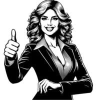 Black and White Illustration of a Woman in Business Suit is showing the Thumbs up Sign vector