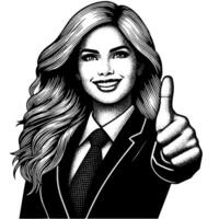 Black and White Illustration of a Woman in Business Suit is showing the Thumbs up Sign vector